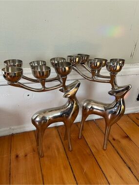 Pottery Barn Silver Reindeer Candelabra 6 Point Candle Holder Christmas set 2